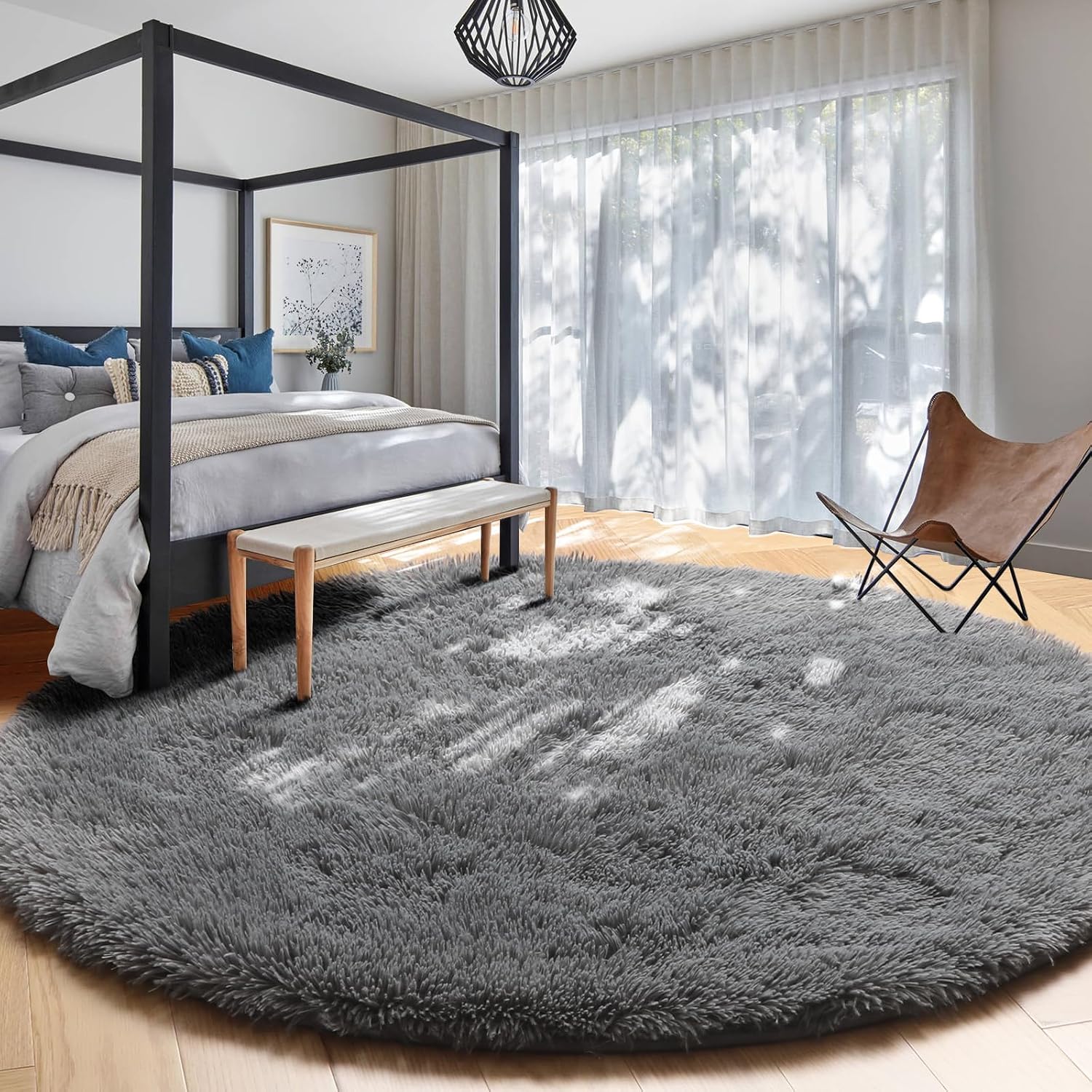 Detalle 2 de Amdrebio 6-Foot Round Gray Shag Area Rug, Plush Polyester with Non-Slip Backing