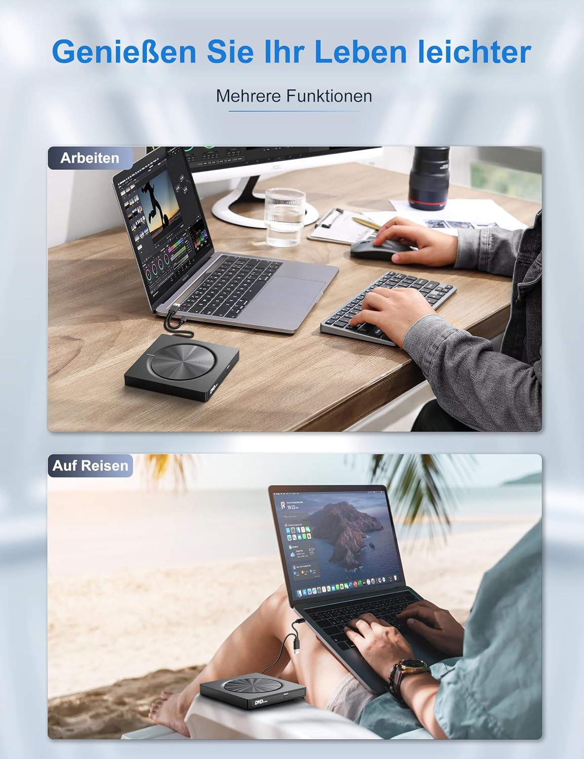 Thumbnail 6 de Externes CD/DVD-Laufwerk USB 3.0 (Typ-C) mit SD/TF-Kartenleser und 2× USB-A – portable RW für Laptop & Desktop