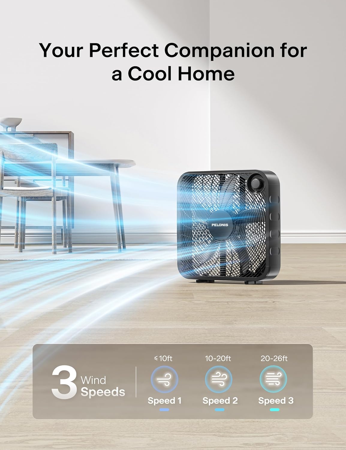 Detalle de PELONIS 20 Inch Box Fan (3 Speeds) — Lightweight Floor/Window/Table Fan with 2295 CFM Air Throw