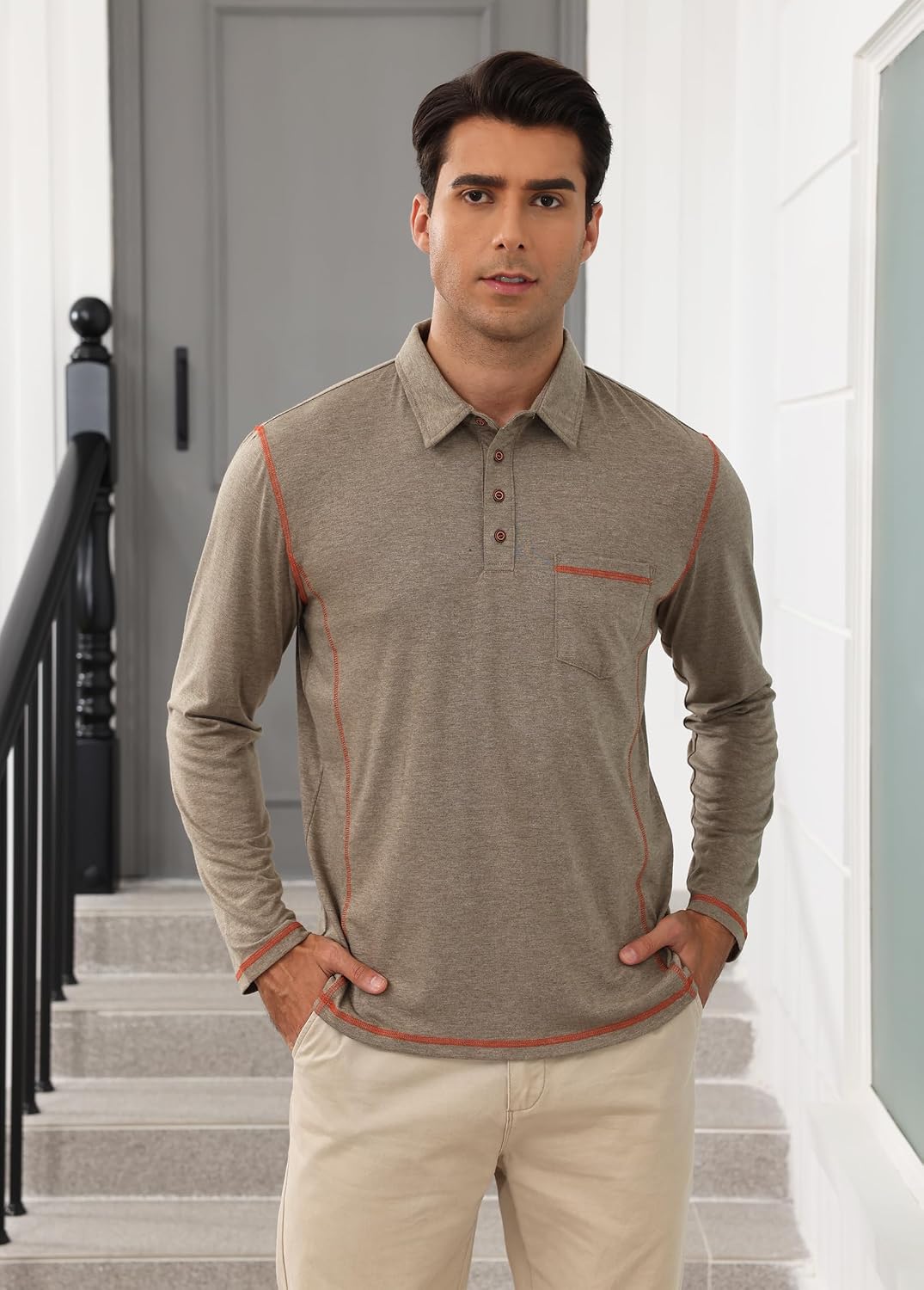 Detalle de Volemo men’s long sleeve polo shirts in cotton with pocket – casual golf tops