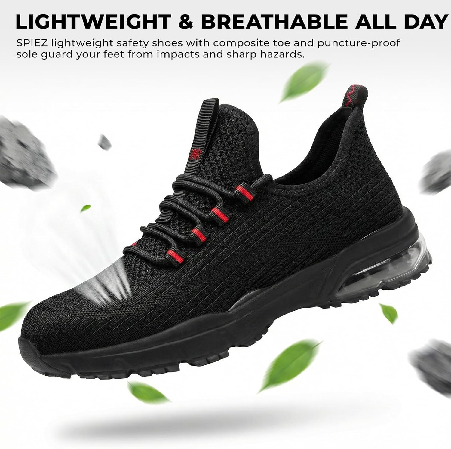 Detalle de SPIEZ Chaussures de Sécurité Hommes et Femmes – Chaussures légères à embout composite, slip-on noir/rouge EU 37-46