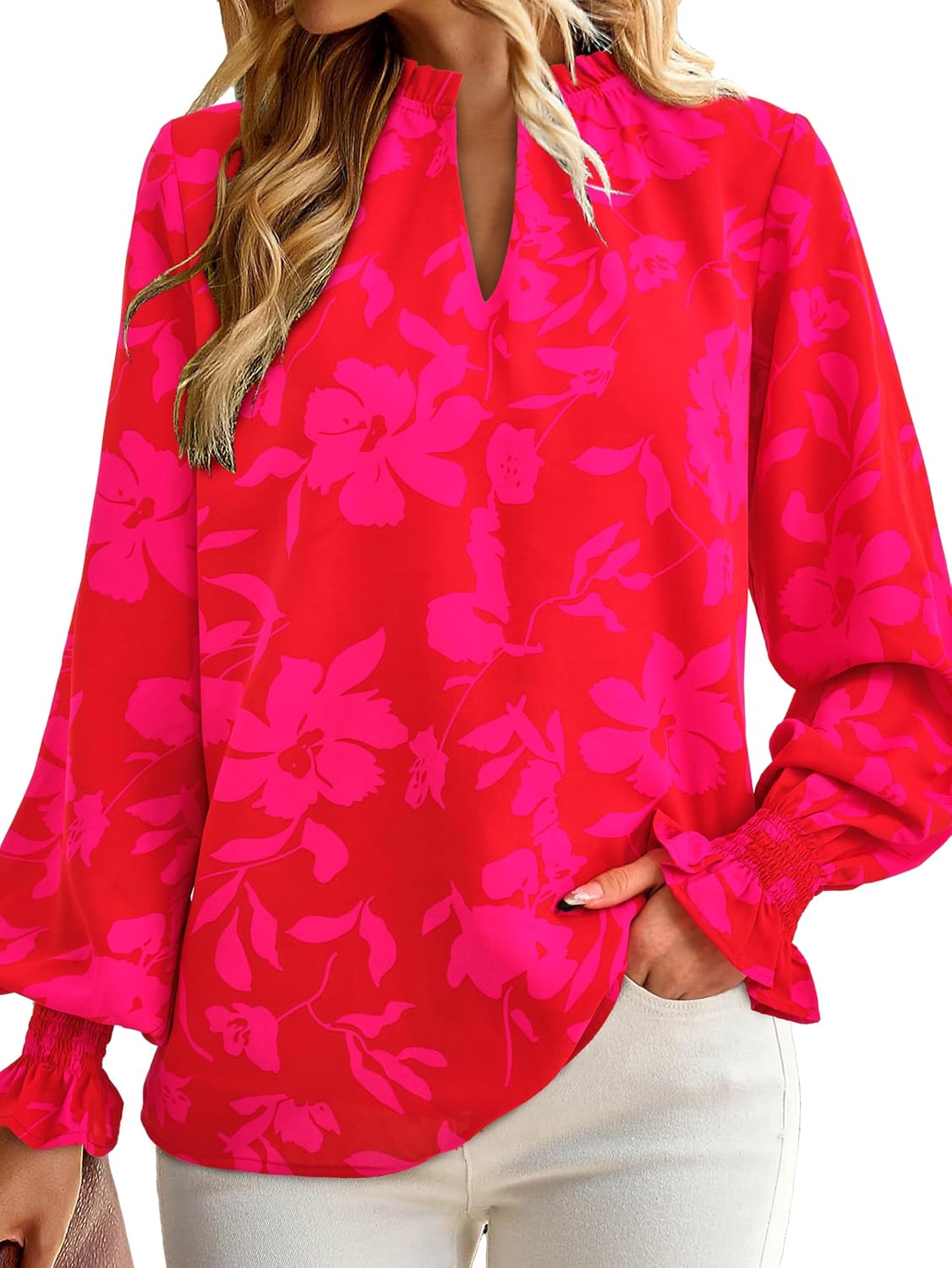 Detalle de MASCOMODA Women's V Neck Floral Long Sleeve Top — Boho Chic for 2026 Summer