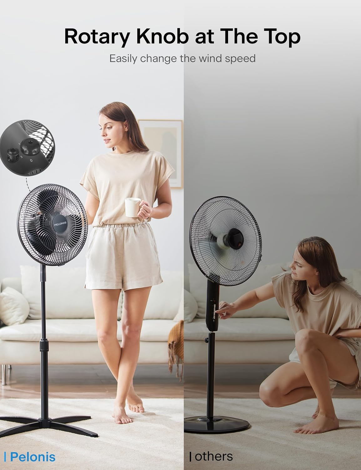 Detalle 2 de PELONIS 16-inch Pedestal Fan with 90° Oscillation, 3 Speeds & Adjustable Height (Black) for Bedroom and Home Office