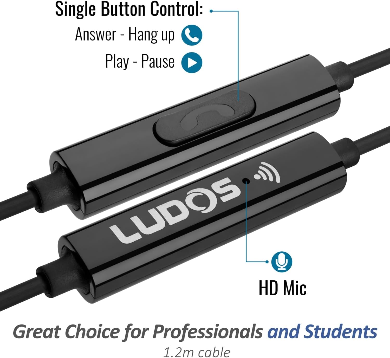 Thumbnail 2 de LUDOS Zenith In Ear Kopfhörer mit Kabel und Mikrofon – 3,5 mm, 1,3 m, 5-Jahre Garantie, Schwarz