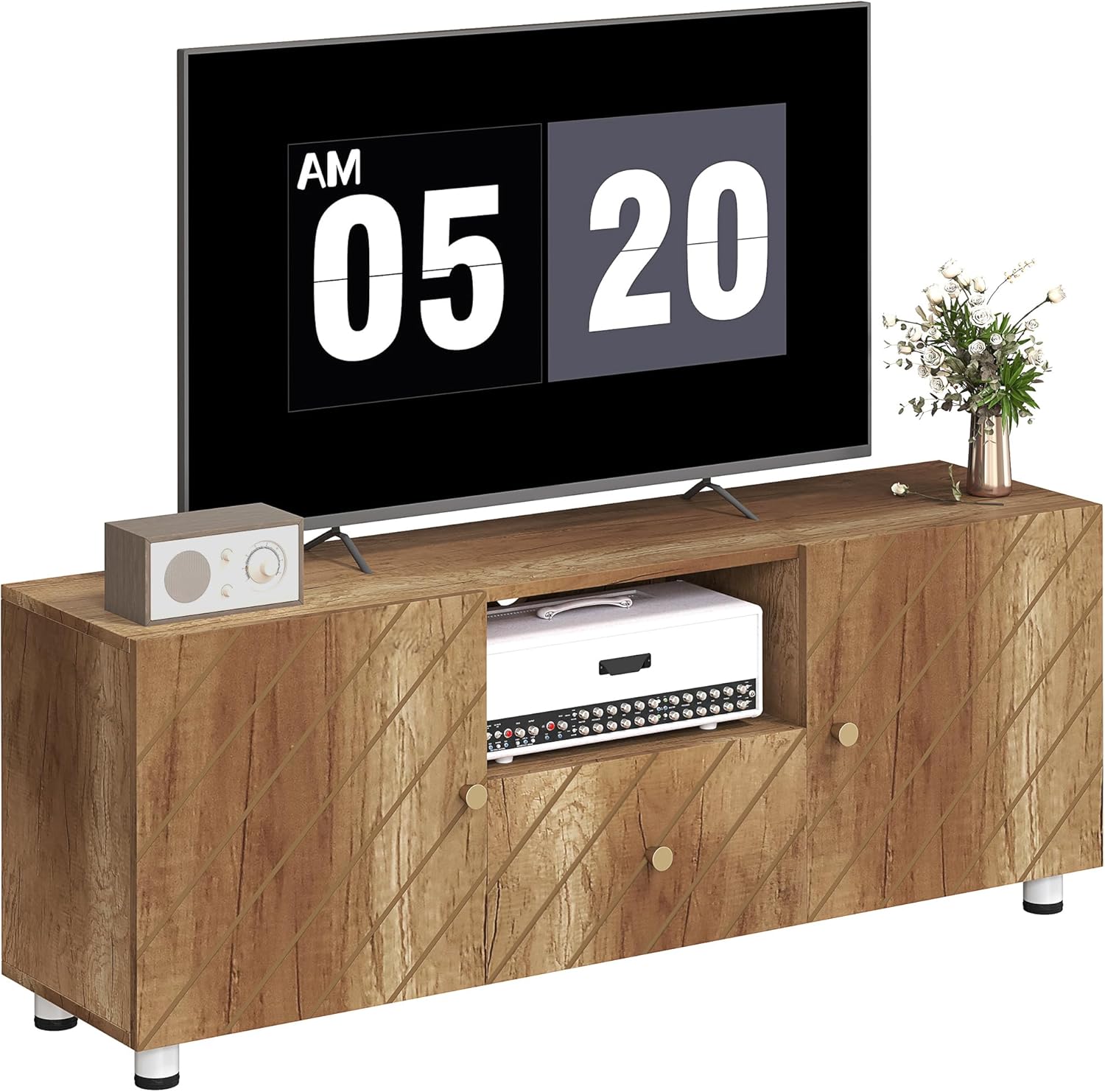 HOMCOM Meuble TV en Bois Naturel – Banc TV 120 x 30 x 45 cm, jusqu’à 50 pouces, 2 armoires, compartiment ouvert et tiroir