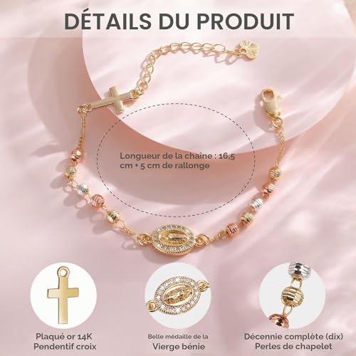 Thumbnail 2 de VNOX Bracelet Chapelet Femme Catholique – Croix et Vierge Marie de Guadalupe, Plaqué Or 14K