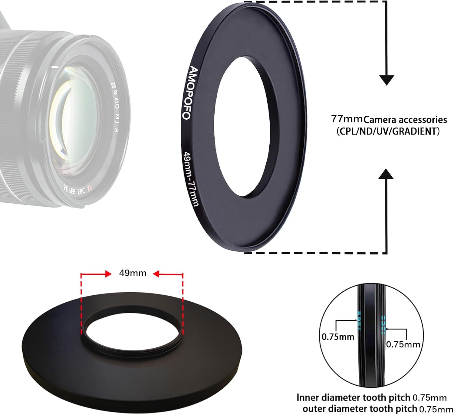 Thumbnail 3 de AMOPOFO 49mm to 77mm Step Up Ring Filter Adapter