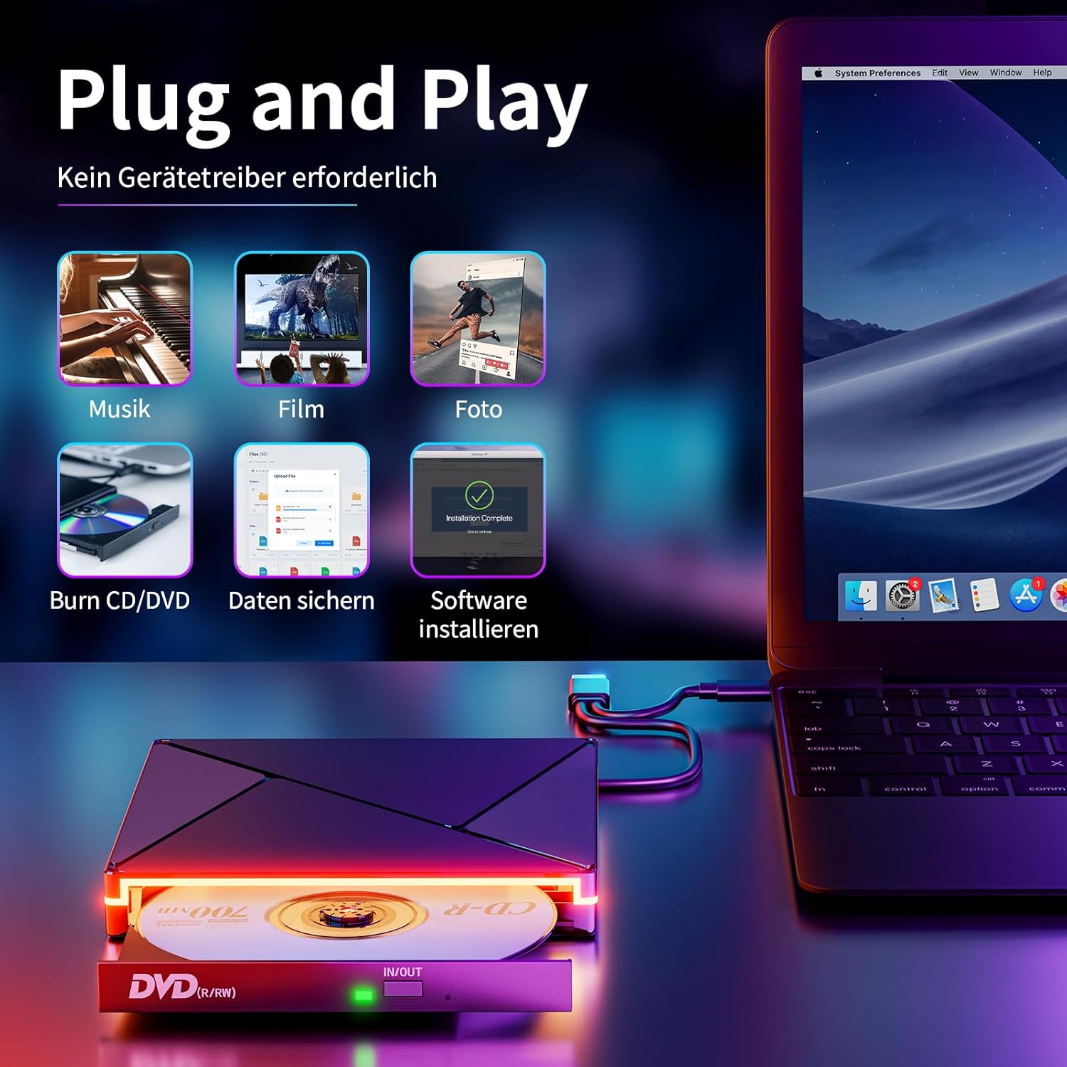 Thumbnail 3 de Umaniy externes CD/DVD-Laufwerk mit RGB, USB 3.0 & USB-C (DVD±RW, Plug & Play)
