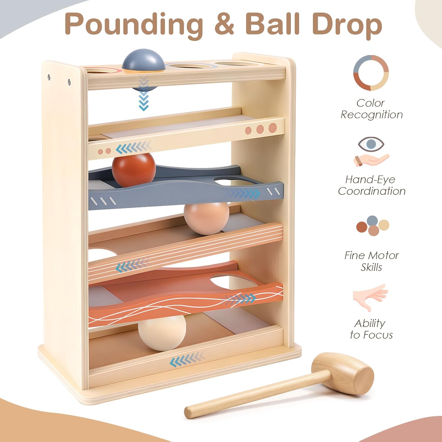 Detalle de Vanplay MZ009 Montessori Wooden Ball Drop Toy with Hammer and 4 Balls