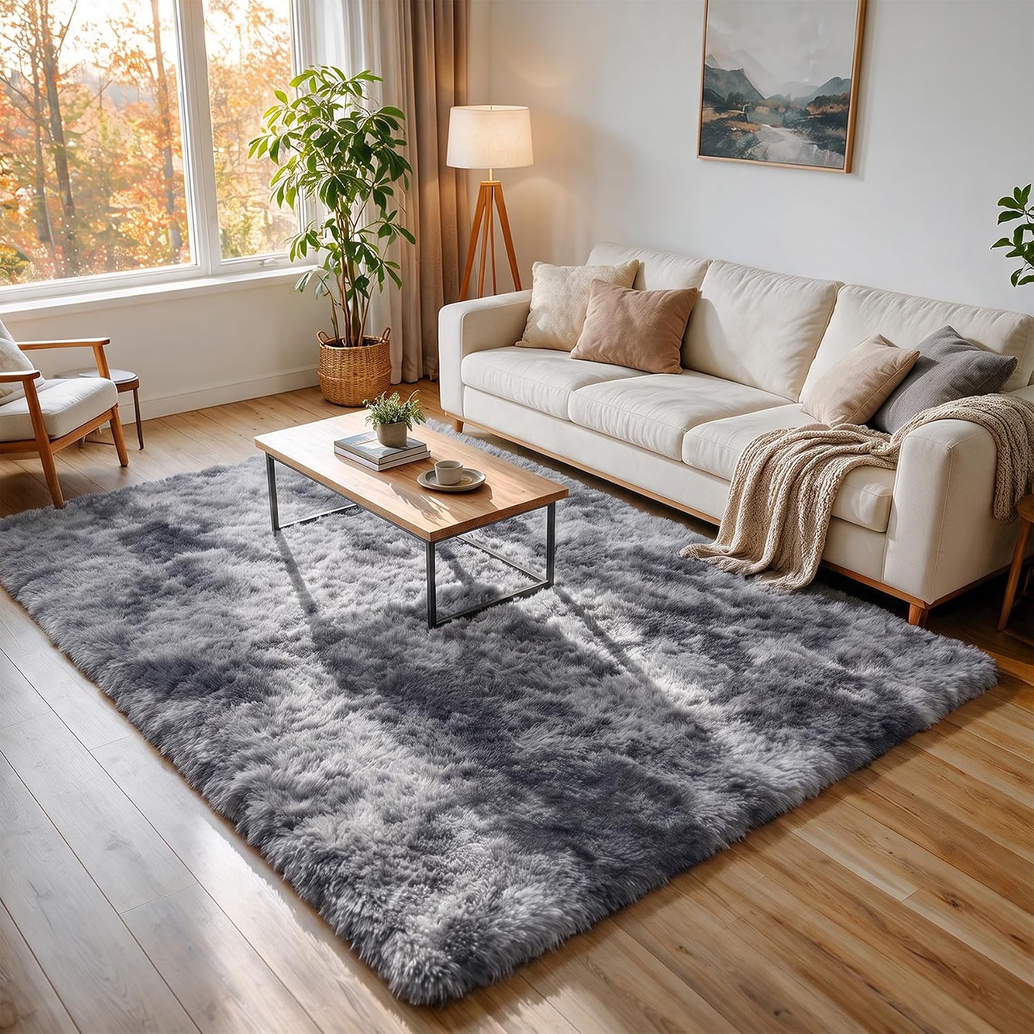 Detalle de Huiuhjirug 5' x 7' Shag Area Rug, Tie-Dye Grey, 35mm High Pile
