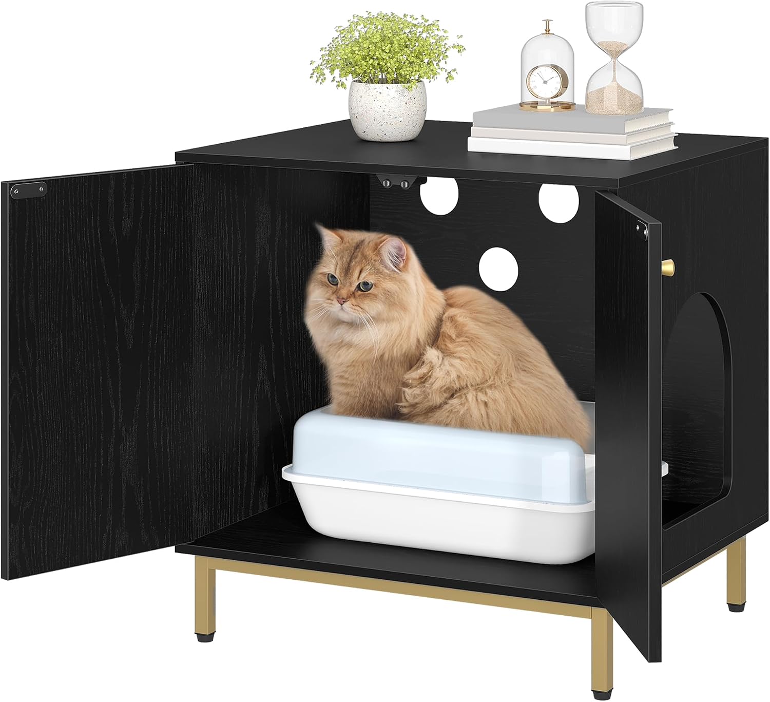 Detalle de Hzuaneri Katzenschrank CB81204G – Katzentoilette, Katzennest & Beistelltisch in Schwarz/Gold