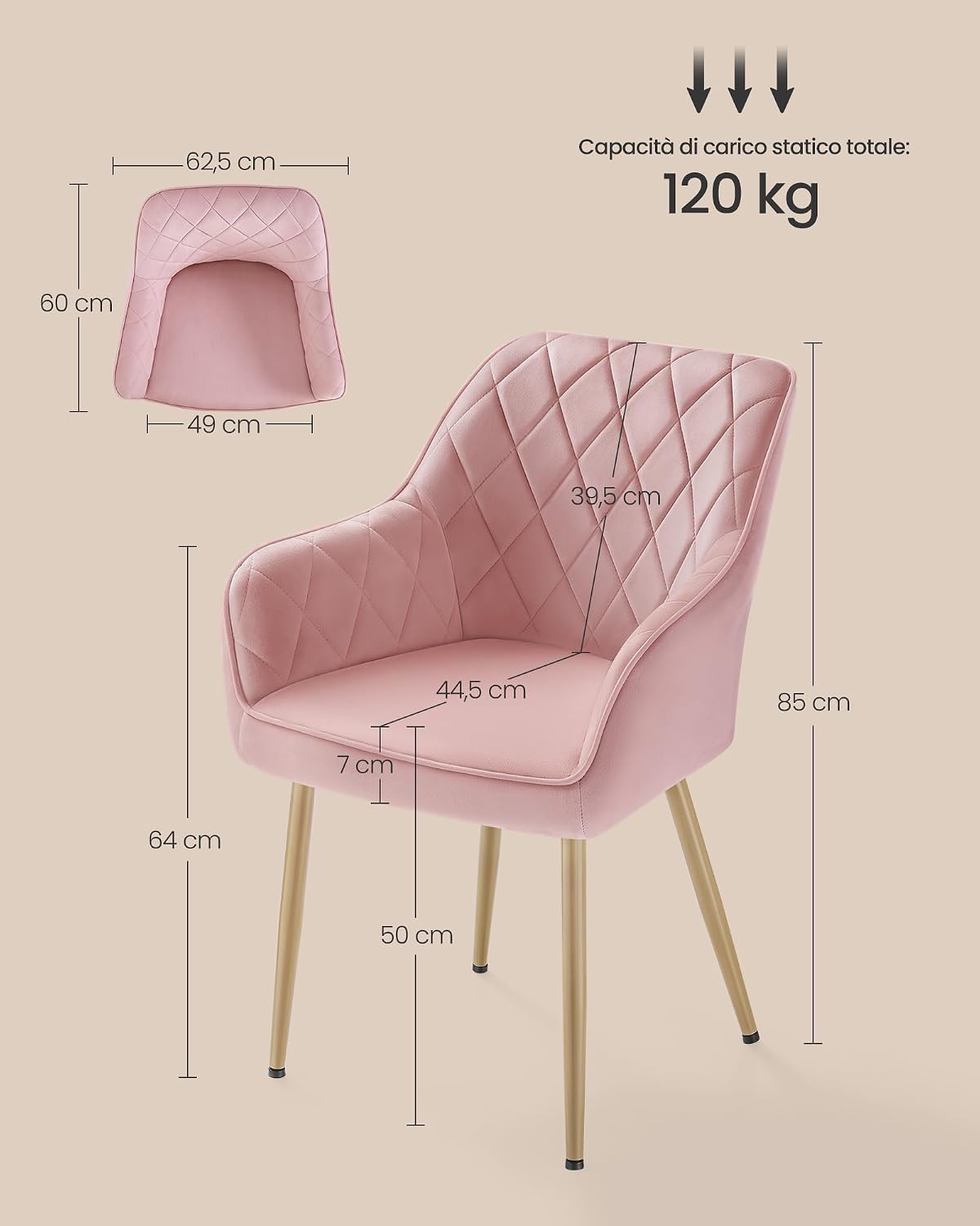 Thumbnail 2 de SONGMICS Sedia imbottita in velluto Rosa Pastello con gambe dorate pallido (LDC088R01) 120 kg