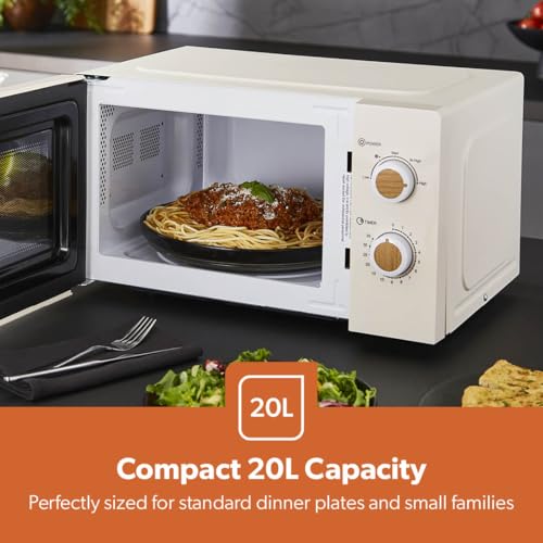Detalle de GEEPAS NordiQ 20L Microwave Oven: 700W, 5 Power Levels, 35-Minute Timer in Cream