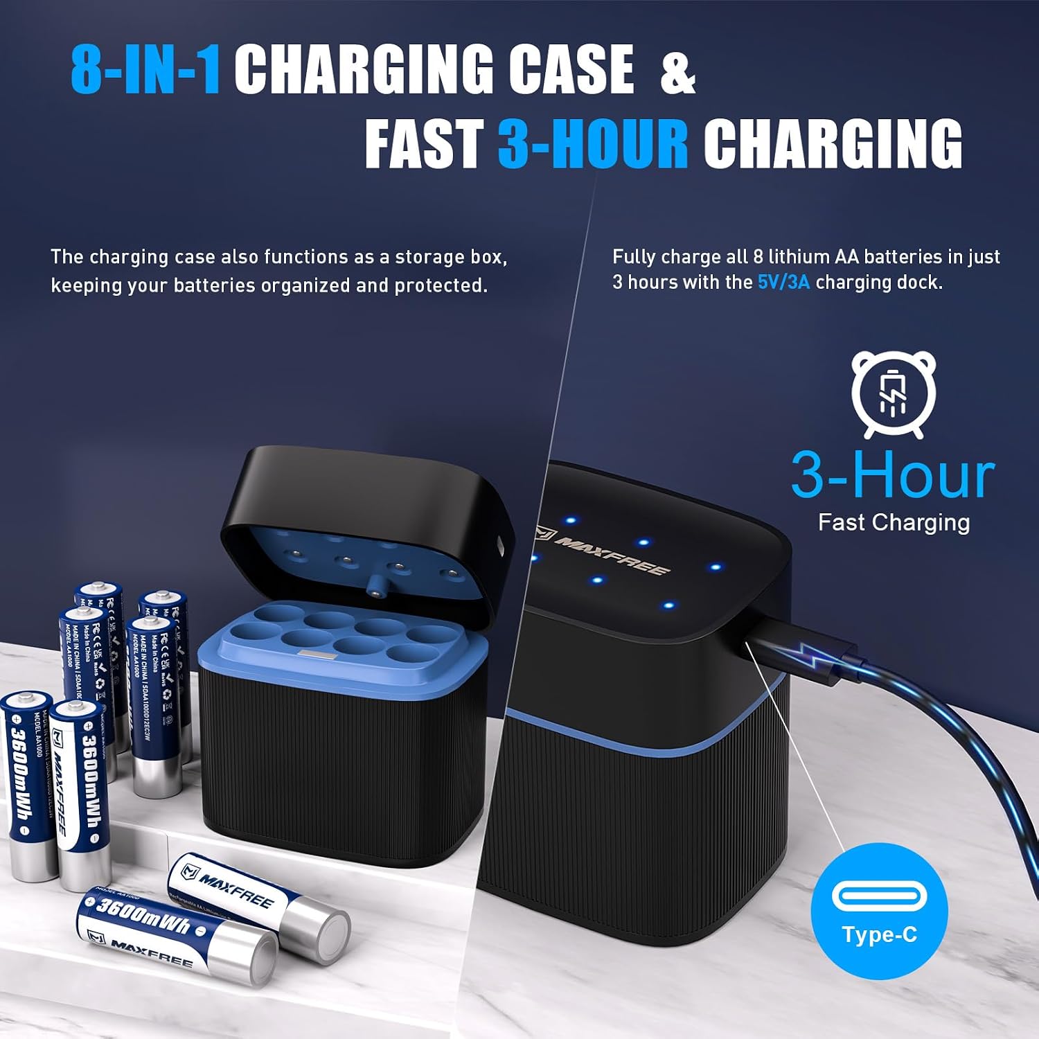 Detalle de Maxfree AA-A1 Rechargeable Lithium AA Batteries with Charger, 1.5V, 8-Pack