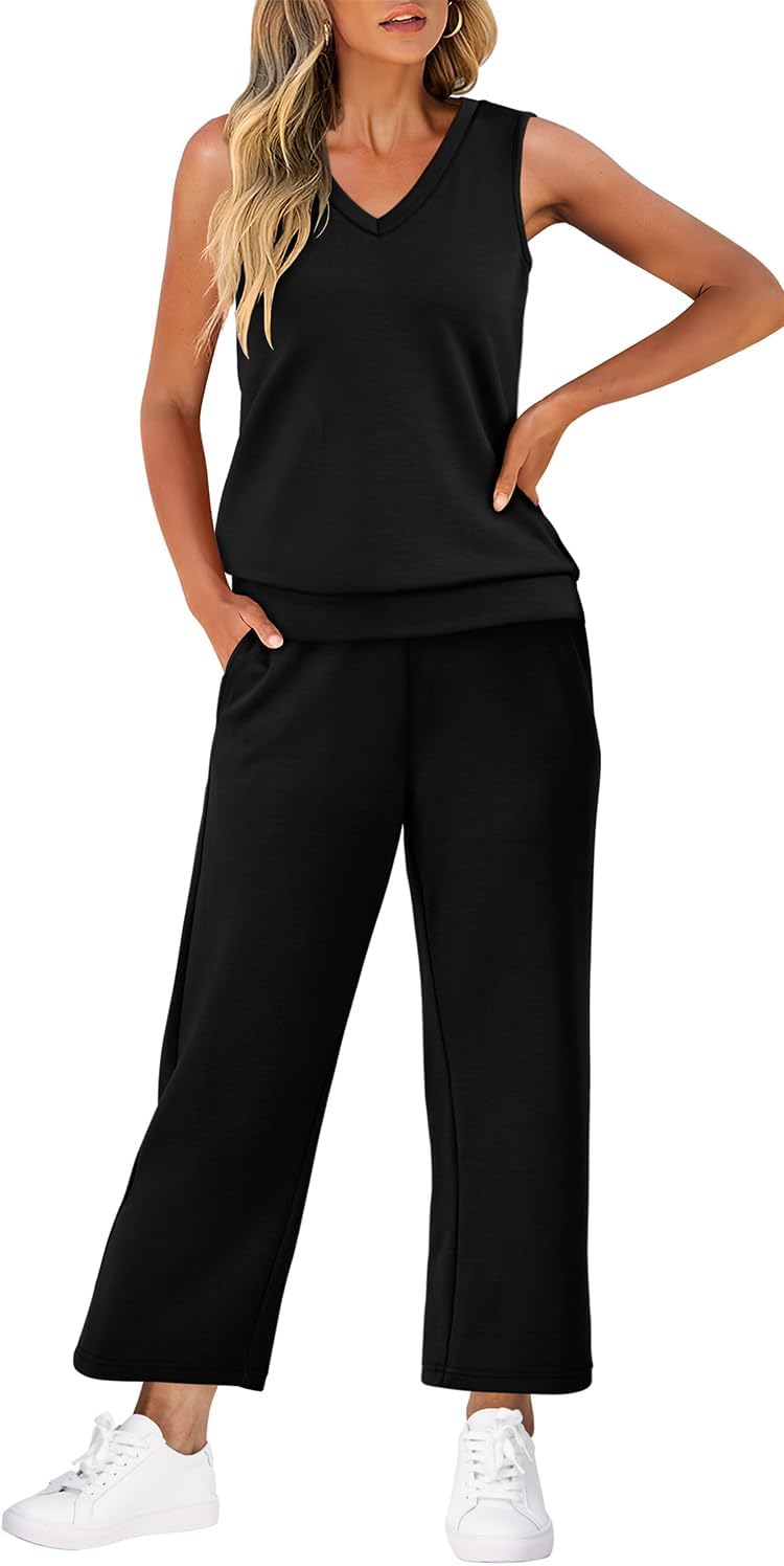 Detalle de WIHOLL Two Piece Set for Women: Summer Lounge Set with V Neck Top and Wide-Leg Cropped Pants
