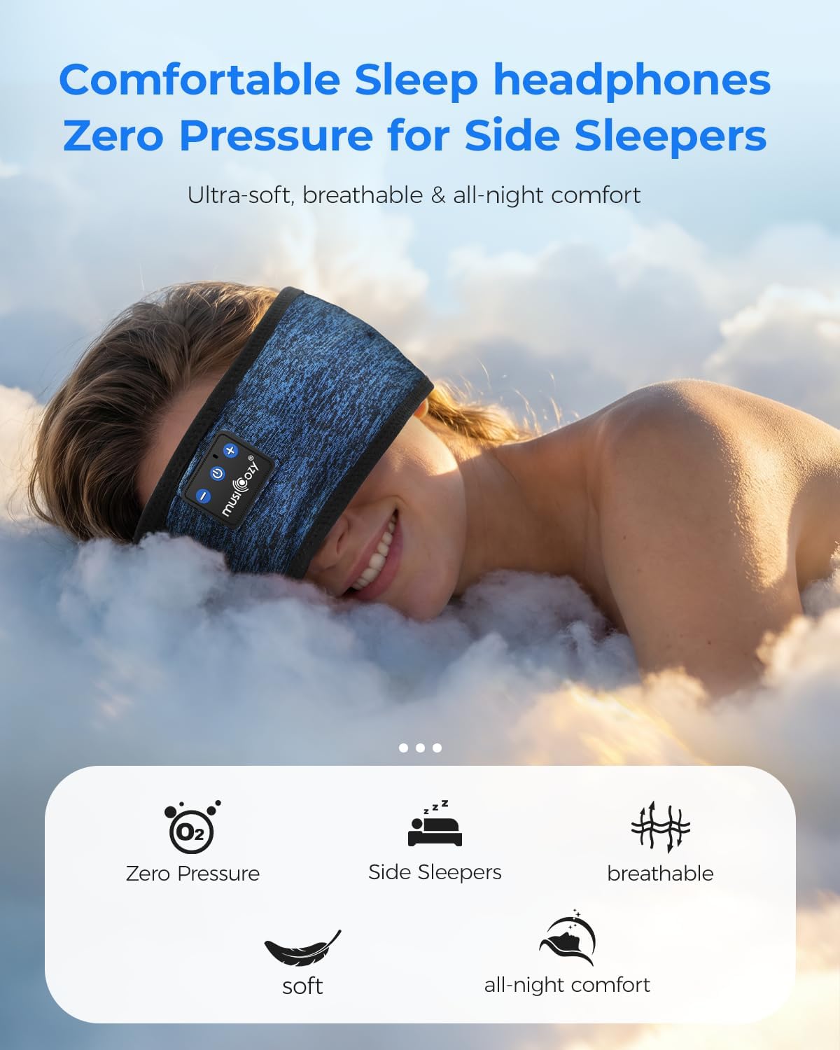 Detalle de MUSICOZY Sleep Headphones Bluetooth Headband for Side Sleepers — Ultra-Soft, Pressure-Free Comfort