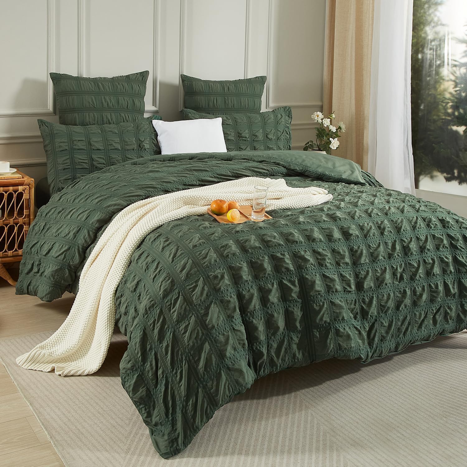 Thumbnail 2 de Luofanfei Housse de Couette Seersucker Vert Olive 220x240 + 2 Taies 65x65 en Microfibre