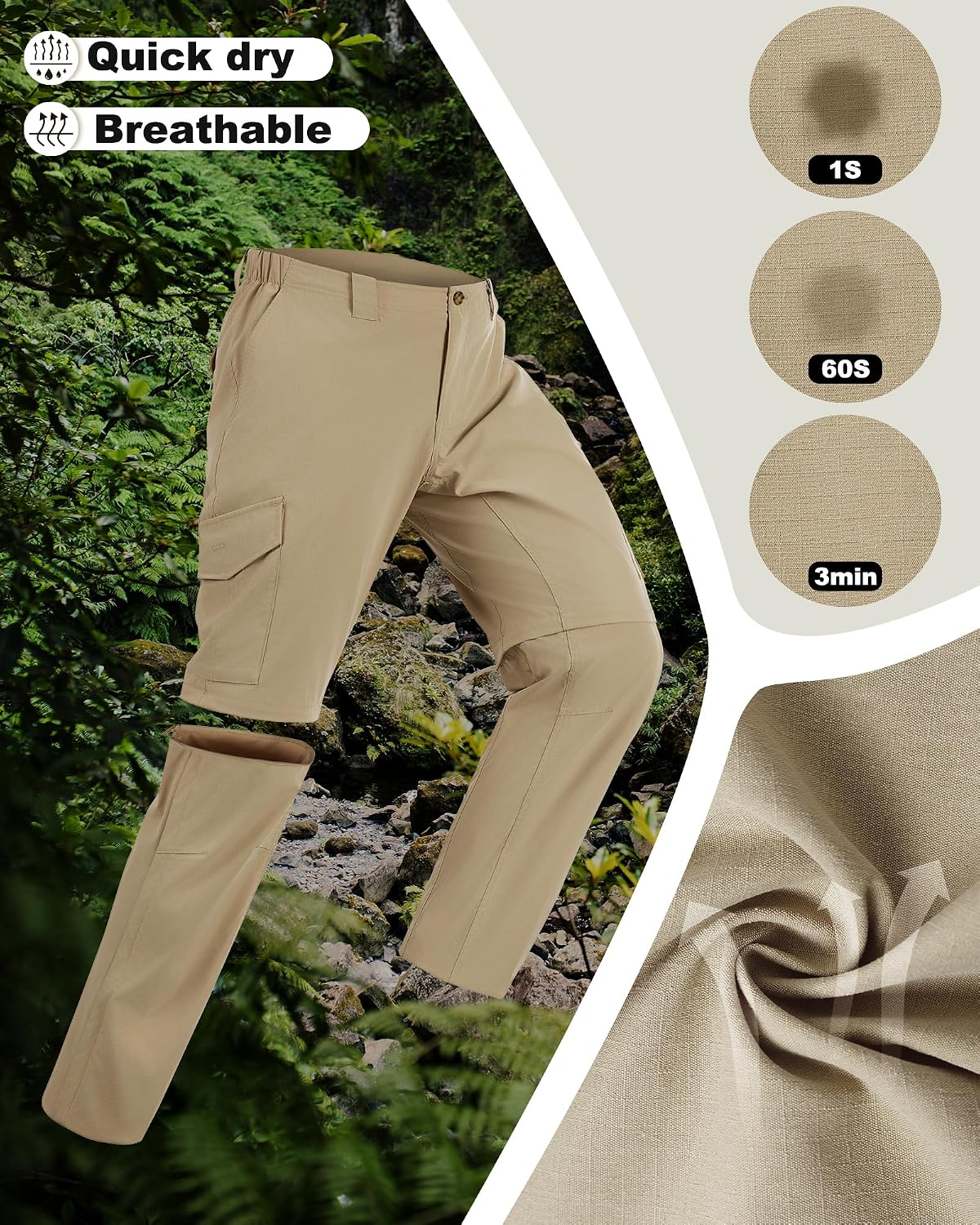 Thumbnail 3 de 33,000ft Men's Zip-Off Hiking Trousers – Quick Dry, Stretch, Convertible to Shorts