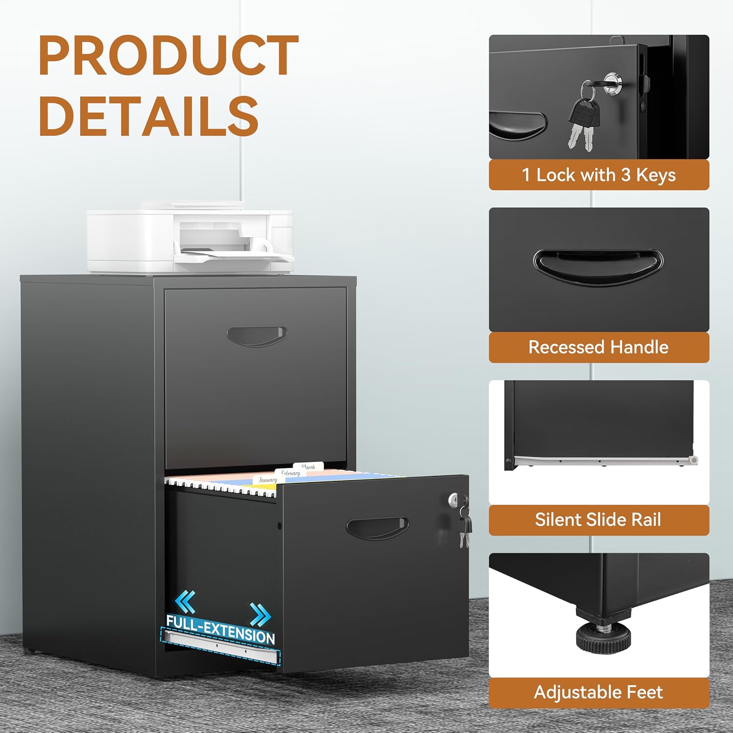 Thumbnail 5 de Polup PP-ZKJJX-2F 2-Drawer Metal File Cabinet with Lock, Black