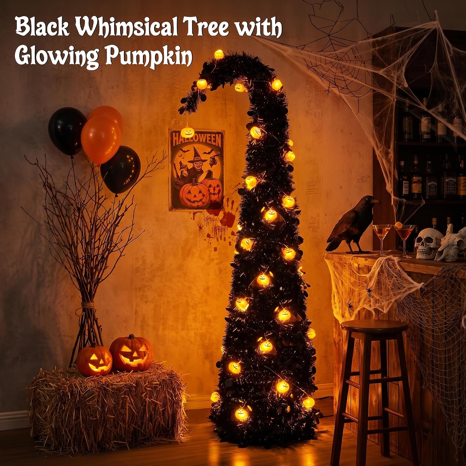 Detalle de Brizled 5-Foot Black Halloween Tree with Pop-Up Design and Battery-Powered Lights