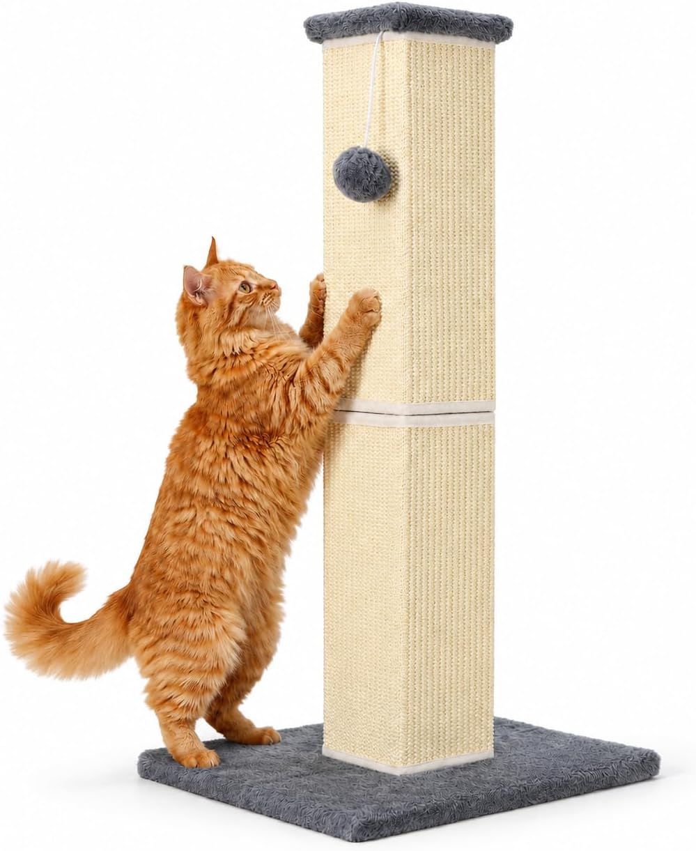 Detalle de YULOYI Cat Scratching Post for Large Indoor Cats – 81cm, Natural Sisal, Stable Base, Grey