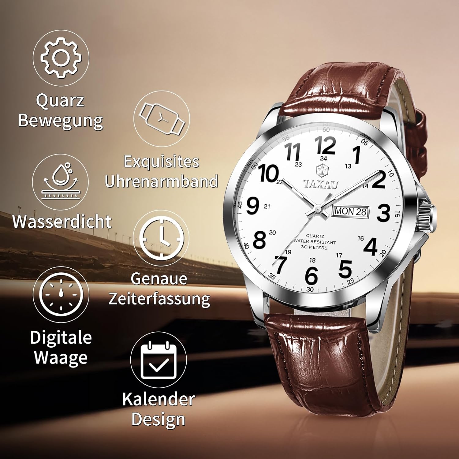 Detalle de Taxau Herren: Wasserdichte Uhr mit Lederband, lumineszierendem Zifferblatt und Datum