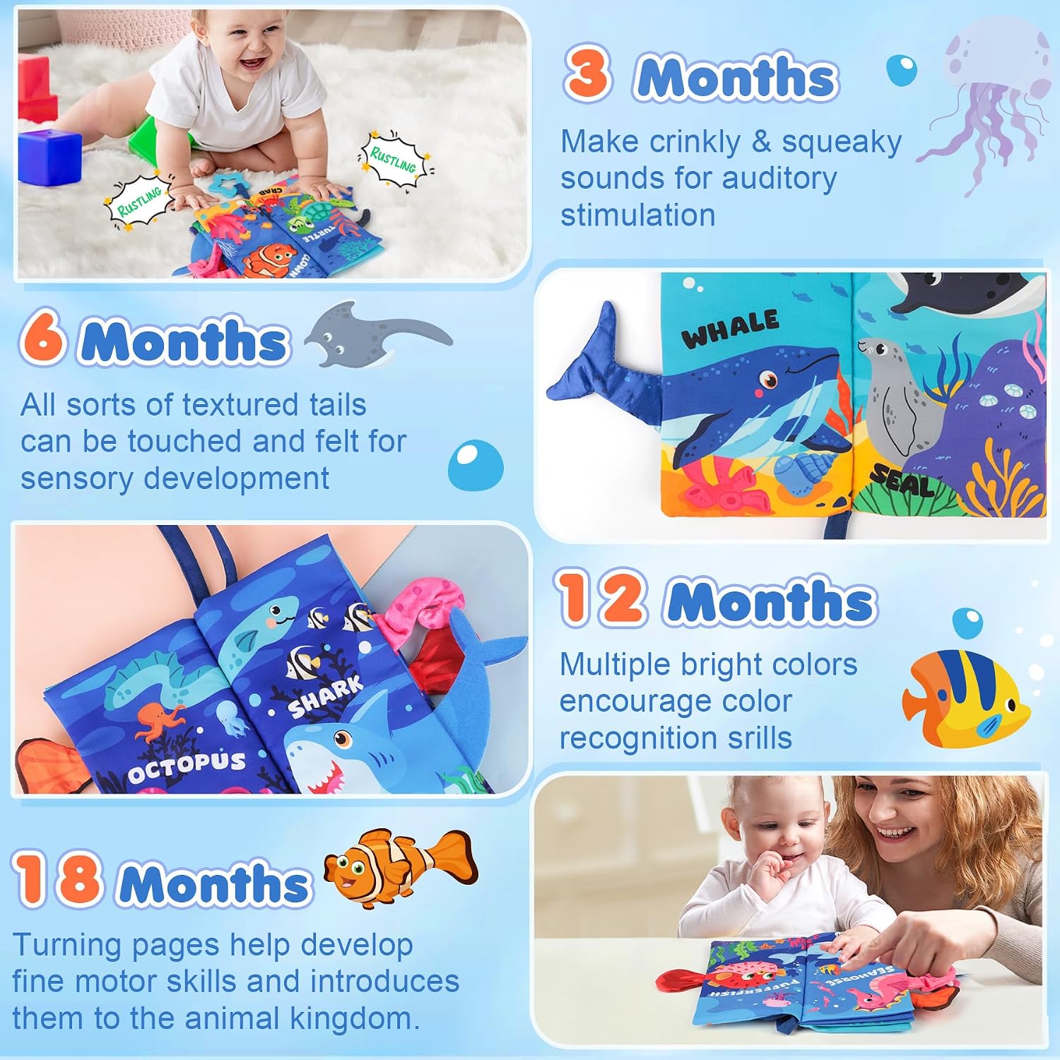 Detalle de BBWOO Soft Baby Book Toy with Crinkle Sounds, Textures and Teether