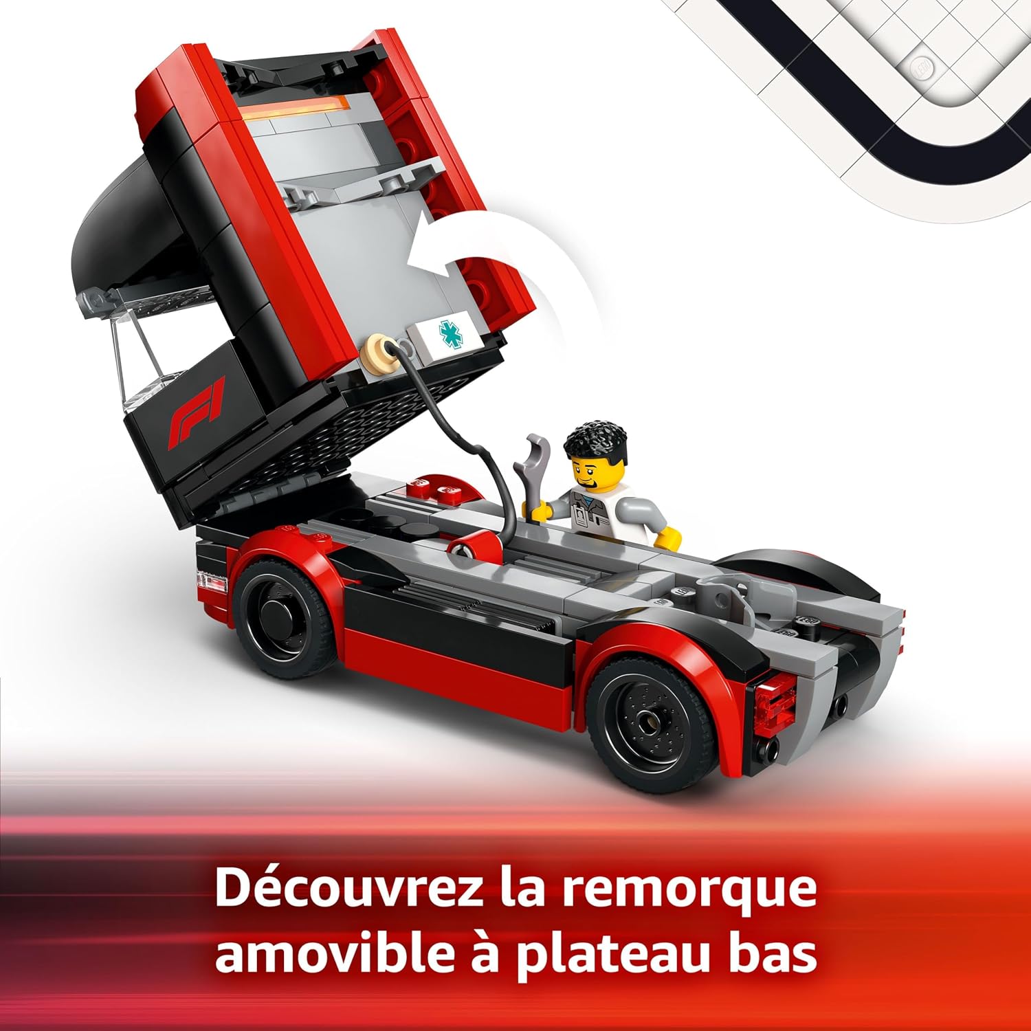 Detalle de LEGO City Camion de F1 avec RB20 et AMR24 – Transporteur pour voitures Red Bull & Aston Martin (60445)