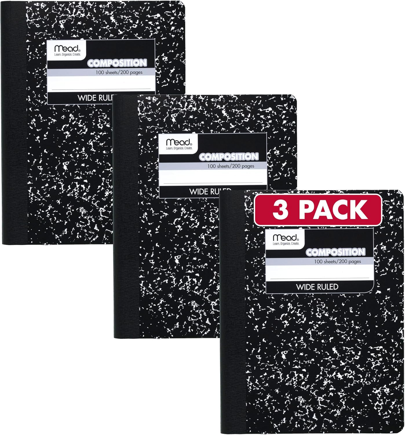 Mead Composition Notebook, Wide Ruled, 7.5 x 9.75, Black Marble, 3 Pack (38301)