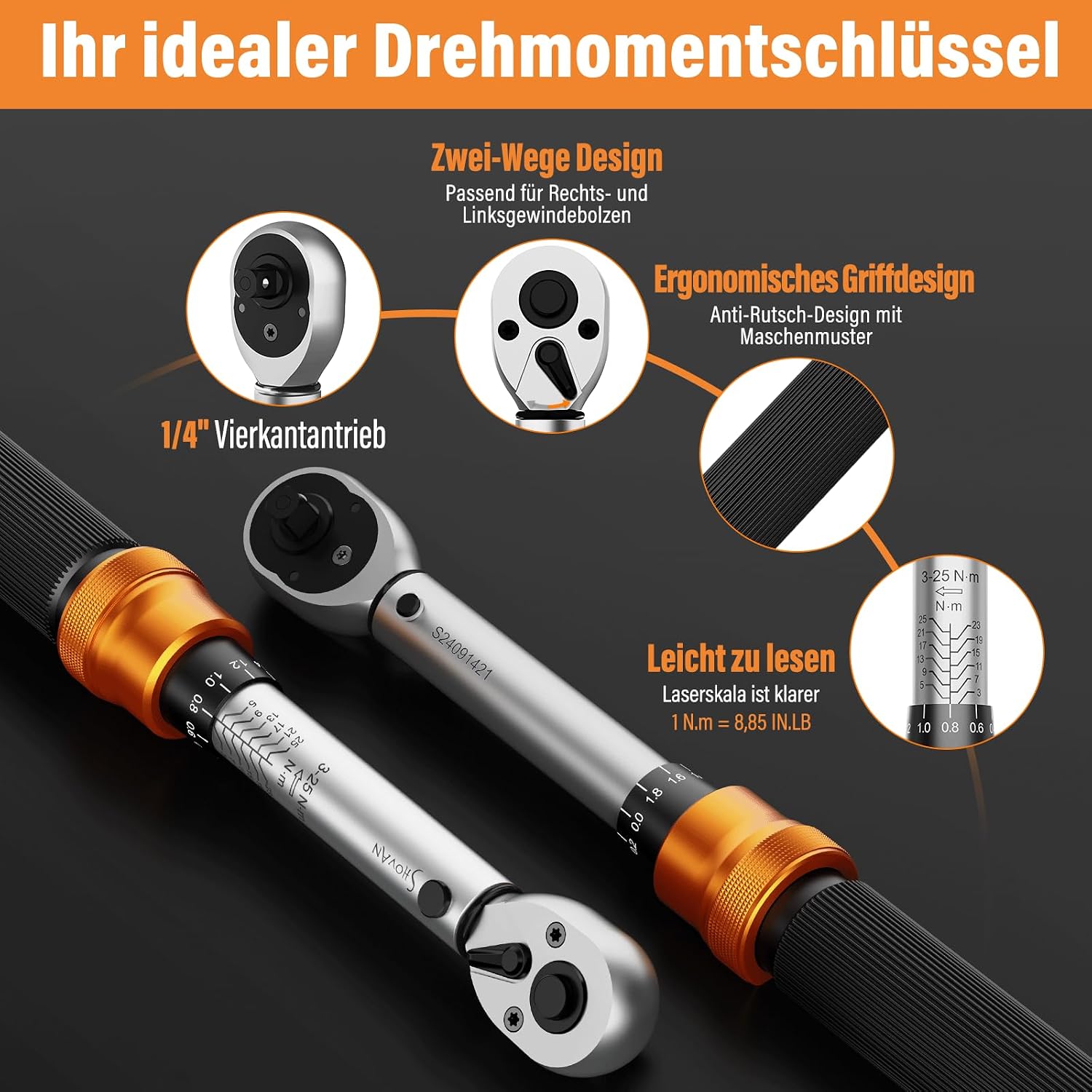 Detalle de 13TLG Klein Drehmomentschlüssel Fahrradset 3–25 Nm, 1/4 Zoll mit 72-Zähne Ratsche und Verlängerung 10 cm