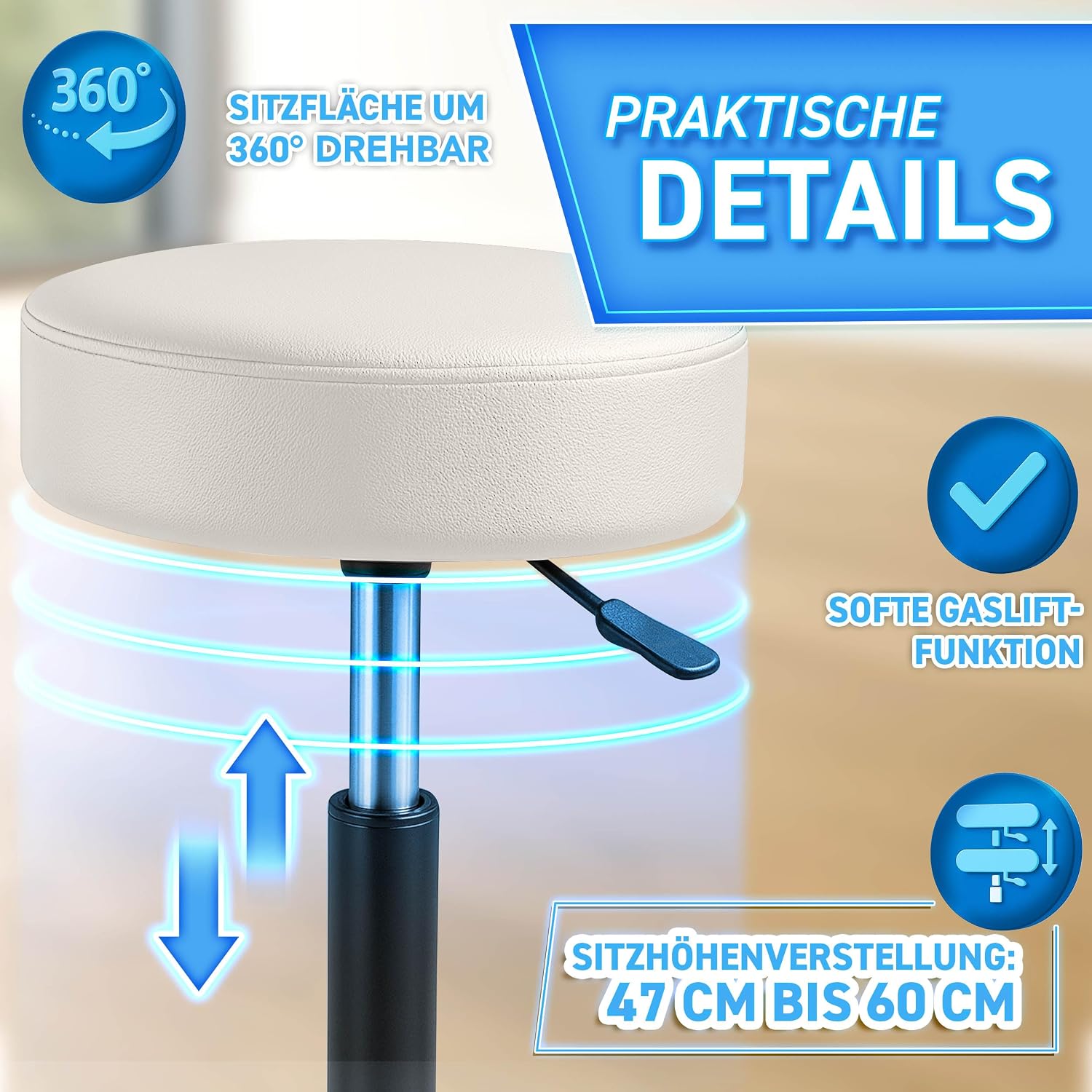 Detalle de TRESKO Rollhocker höhenverstellbar Beige bis 150 kg – 360° Drehhocker mit Rollen