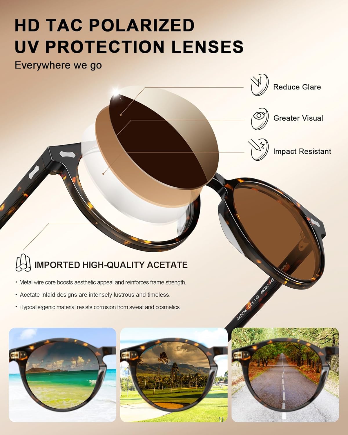 Detalle de CARFIA Men’s Round Polarised Vintage Sunglasses with UV400 Protection (for driving & travel)