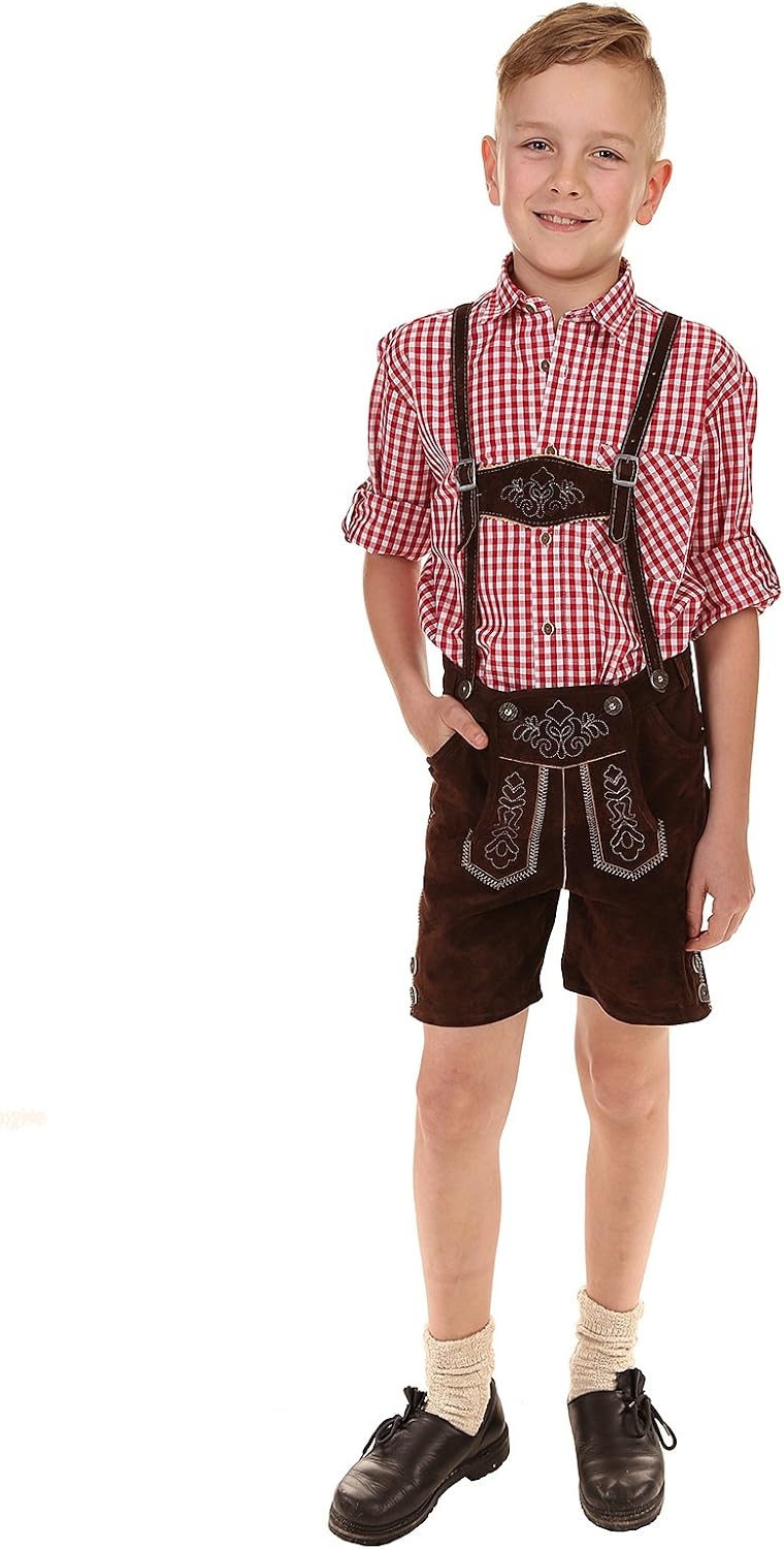 Thumbnail 6 de Isar-Trachten Jungen Kinderlederhose kurz braun Bestickt – Kalbsspaltleder, Weitenverstellung