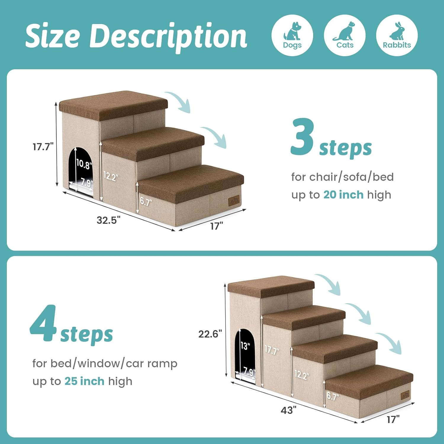 Detalle de Dog Stairs with Storage, 3-Step Wider Sturdy Dog Steps for All Sizes