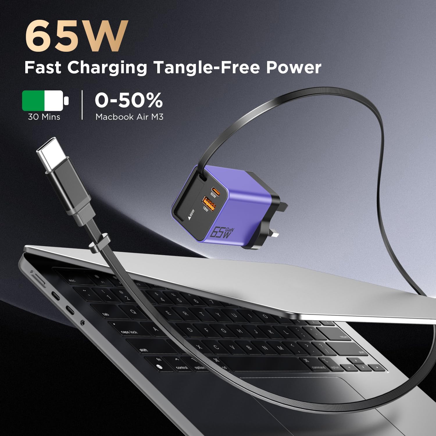 Detalle de YISHIFD 65W GaN USB-C charger (3-port) with retractable cable, 0.7m — fast charging for phones, tablets & laptops