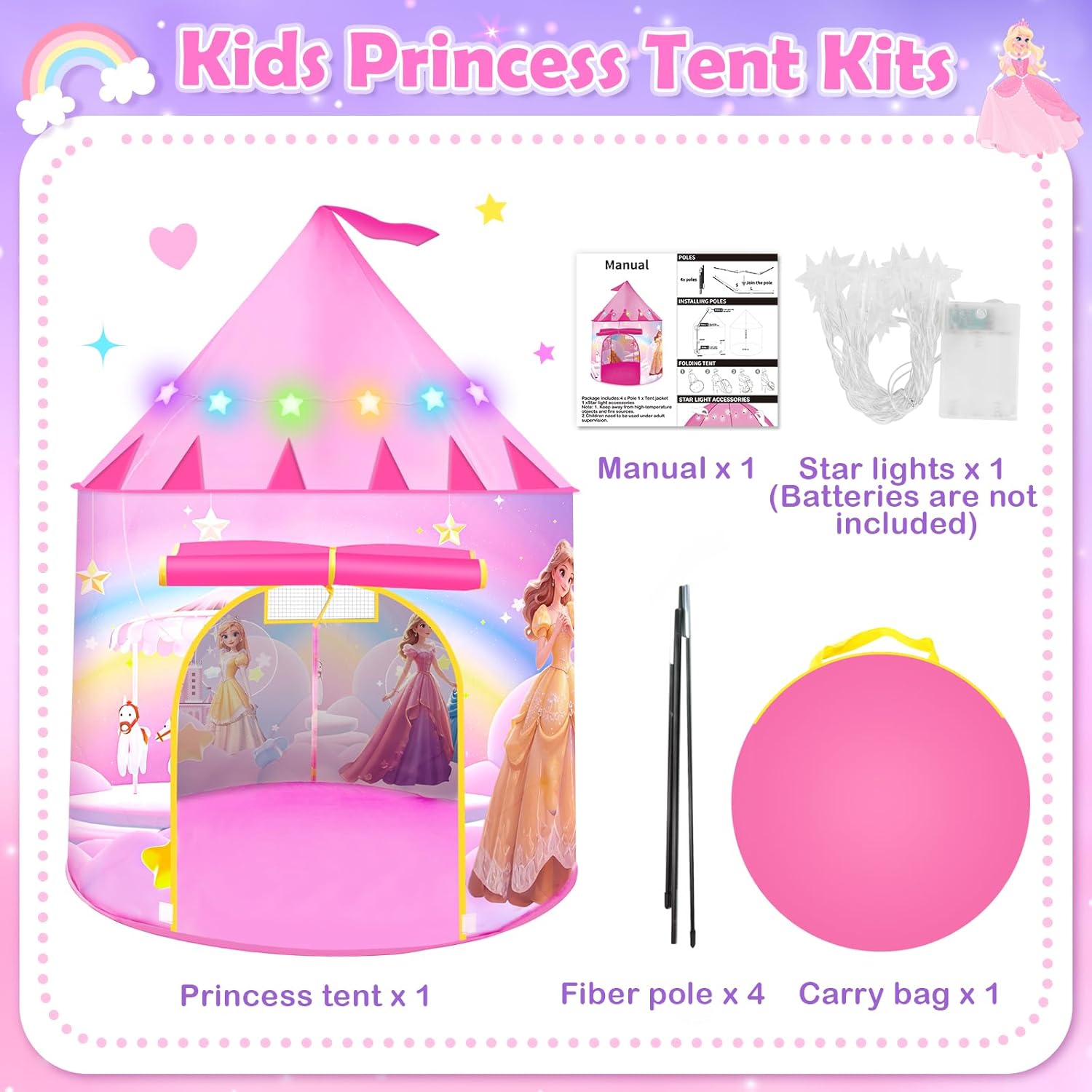 Thumbnail 6 de Princess pop up play tent for girls aged 3–7, foldable teepee with princess design and LED star light
