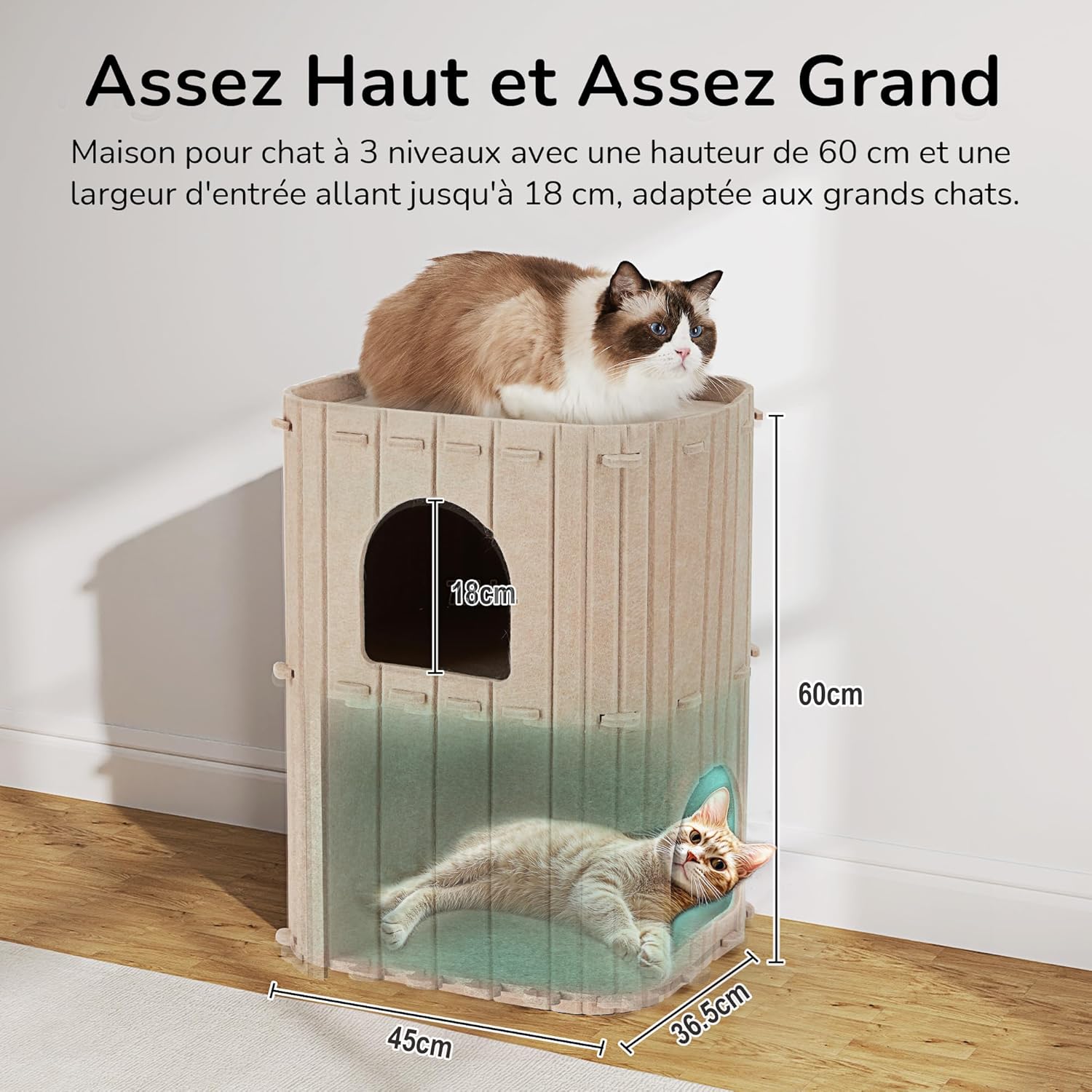 Thumbnail 3 de Cave à chat d’intérieur FUKUMARU à 2 étages en feutre, 45x36,5x60 cm