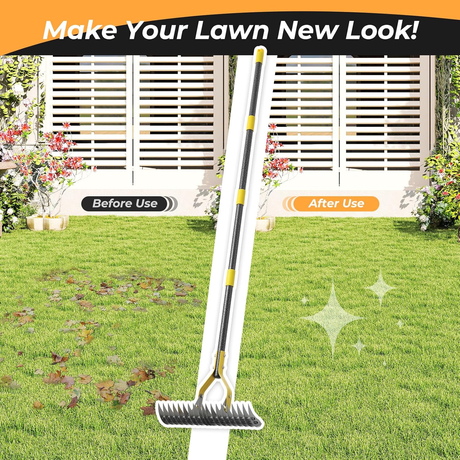 Thumbnail 6 de Thatch Rake 177 cm Heavy Duty Dethatcher Rake with Adjustable Length & Angle (19 Teeth, Double-Teeth Design)