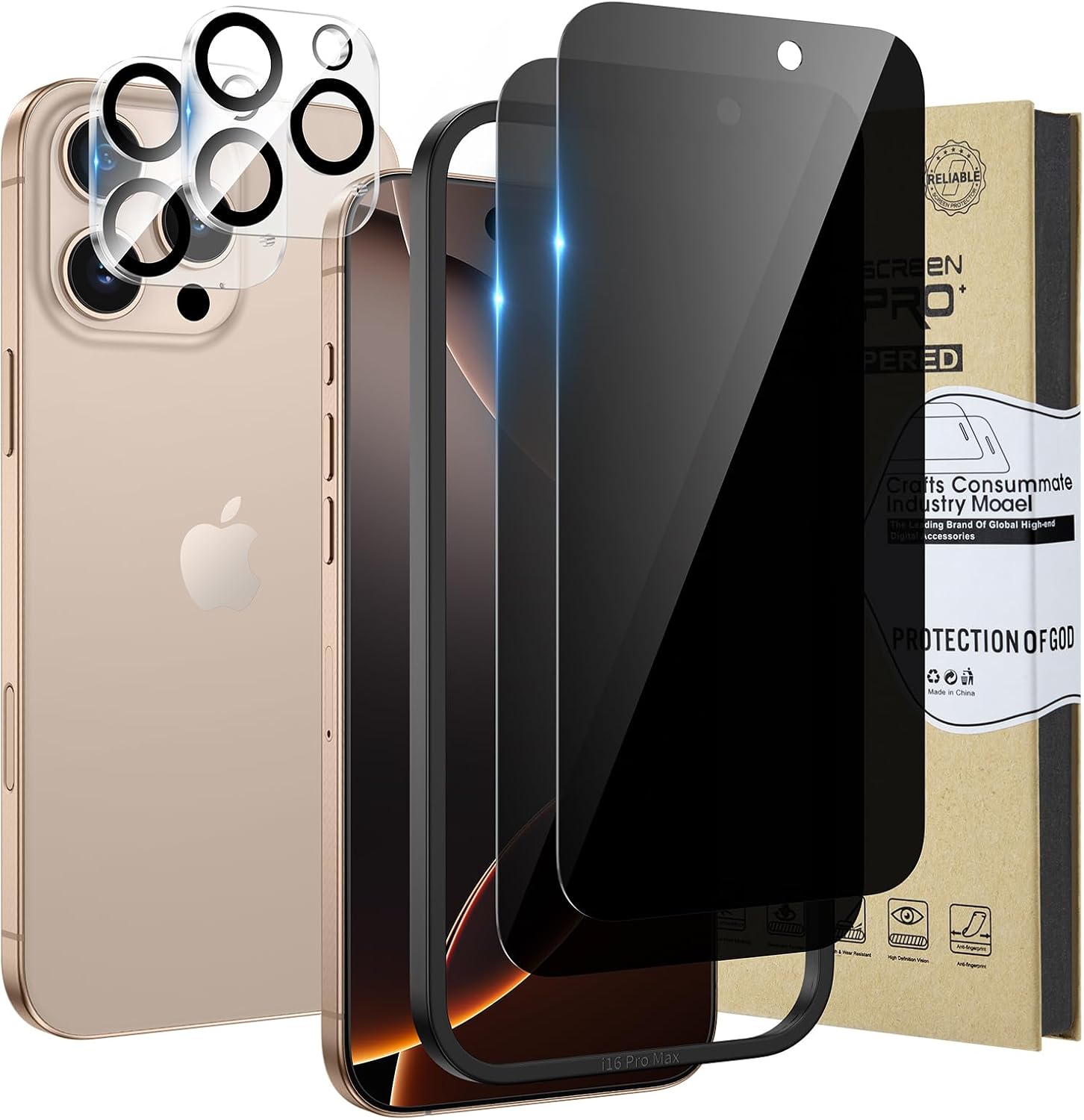 HWeggo 2 + 2 pack pour iPhone 16 Pro Max : verre de confidentialité anti-spy + protection d’objectif caméra