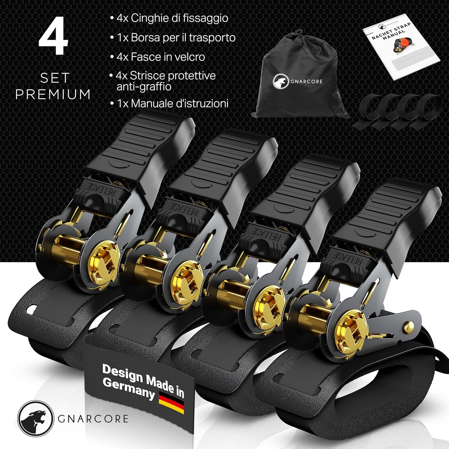 Detalle de Cinghie di fissaggio a cricchetto Premium (set da 4) da 800 kg con borse, certificate DIN EN 12195-2