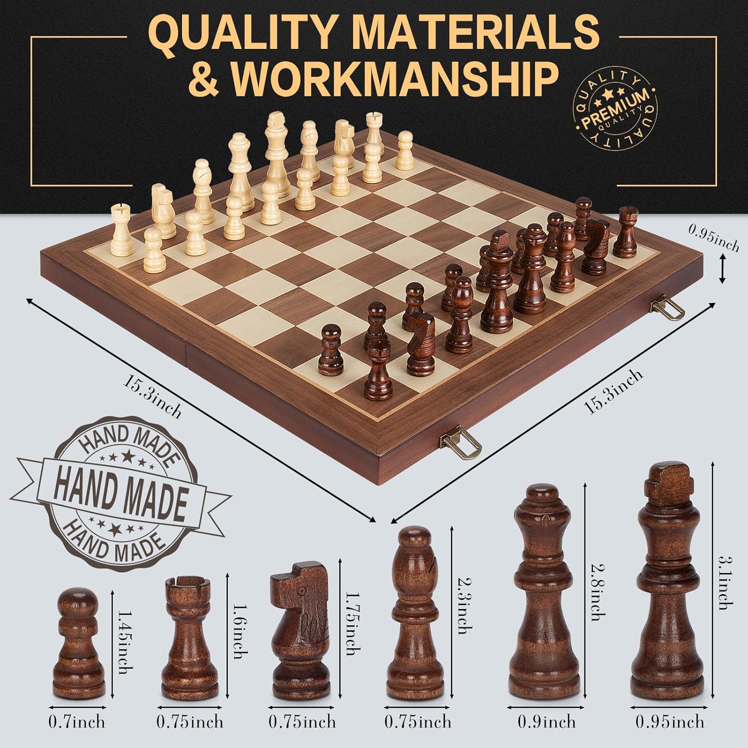 Detalle de Magnetic Wooden Chess Set: 15" Folding Travel Board with 2 Extra Queens