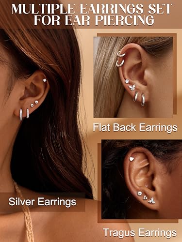 Detalle de CASSIECA 12 Pairs Silver Earrings – Hypoallergenic Flat Back Studs & Hoops