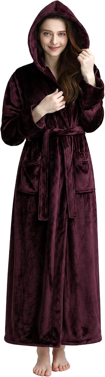 Detalle de Hellomamma HEA81706-W Long Hooded Flannel Fleece Bathrobe with Belt and Pockets