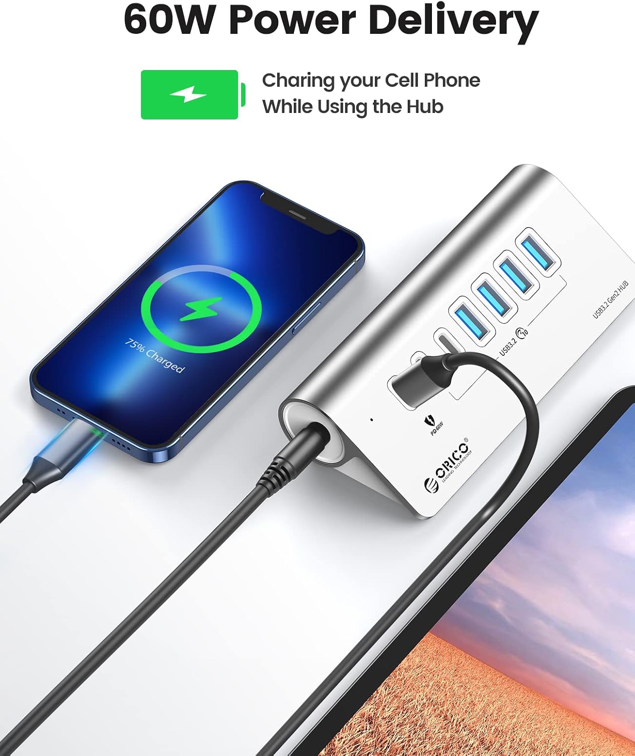 Detalle de ORICO USB C 3.2 Gen 2 Hub 7 porte con 10 Gbps e PD 60W, alluminio, 4x USB-A e 2x USB-C