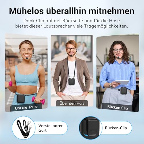 Detalle de TONOR Sprachverstärker Tragbar K11 – kabelloser Stimmverstärker mit Bluetooth-Lautsprecher, Mikrofon-Headset und 15 W Leistung
