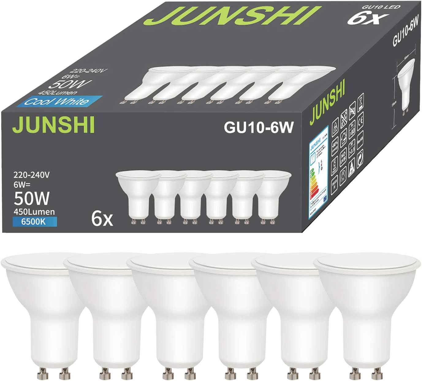 Thumbnail 5 de JUNSHI GU10 6W LED Bulbs (Cool White 6500K) – 6-Pack, 50W Halogen Equivalent, 450LM, 120° (Non-Dimmable)