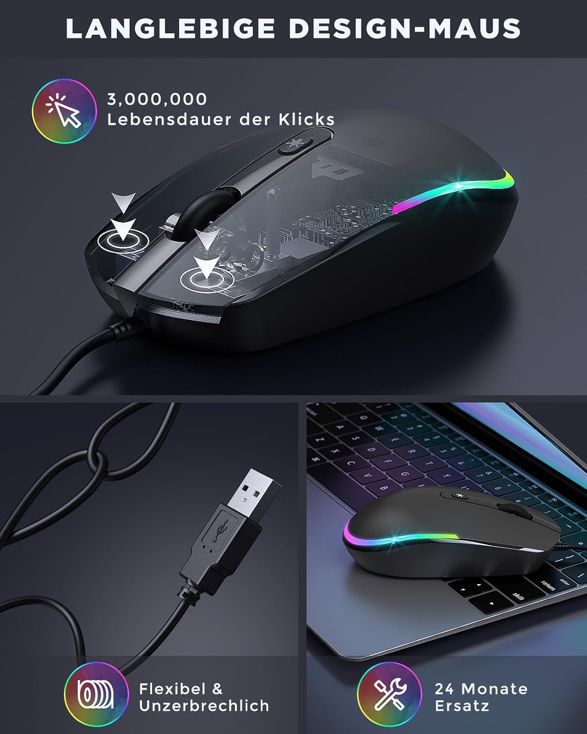 Detalle de seenda Maus mit Kabel (1600 DPI, USB, LIGHTSYNC RGB) für PC/Laptop – Schwarz