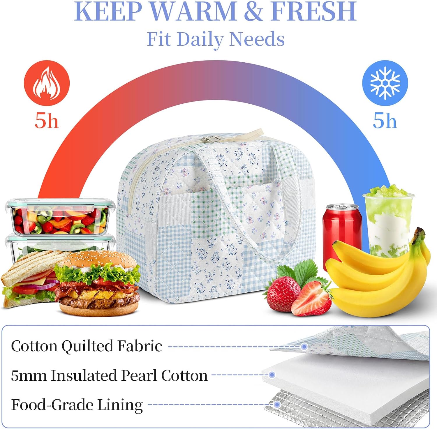 Thumbnail 6 de WOBAGMEN Quilted Lunch Box for Women – Floral Coquette Aesthetic, Green/Blue Pin