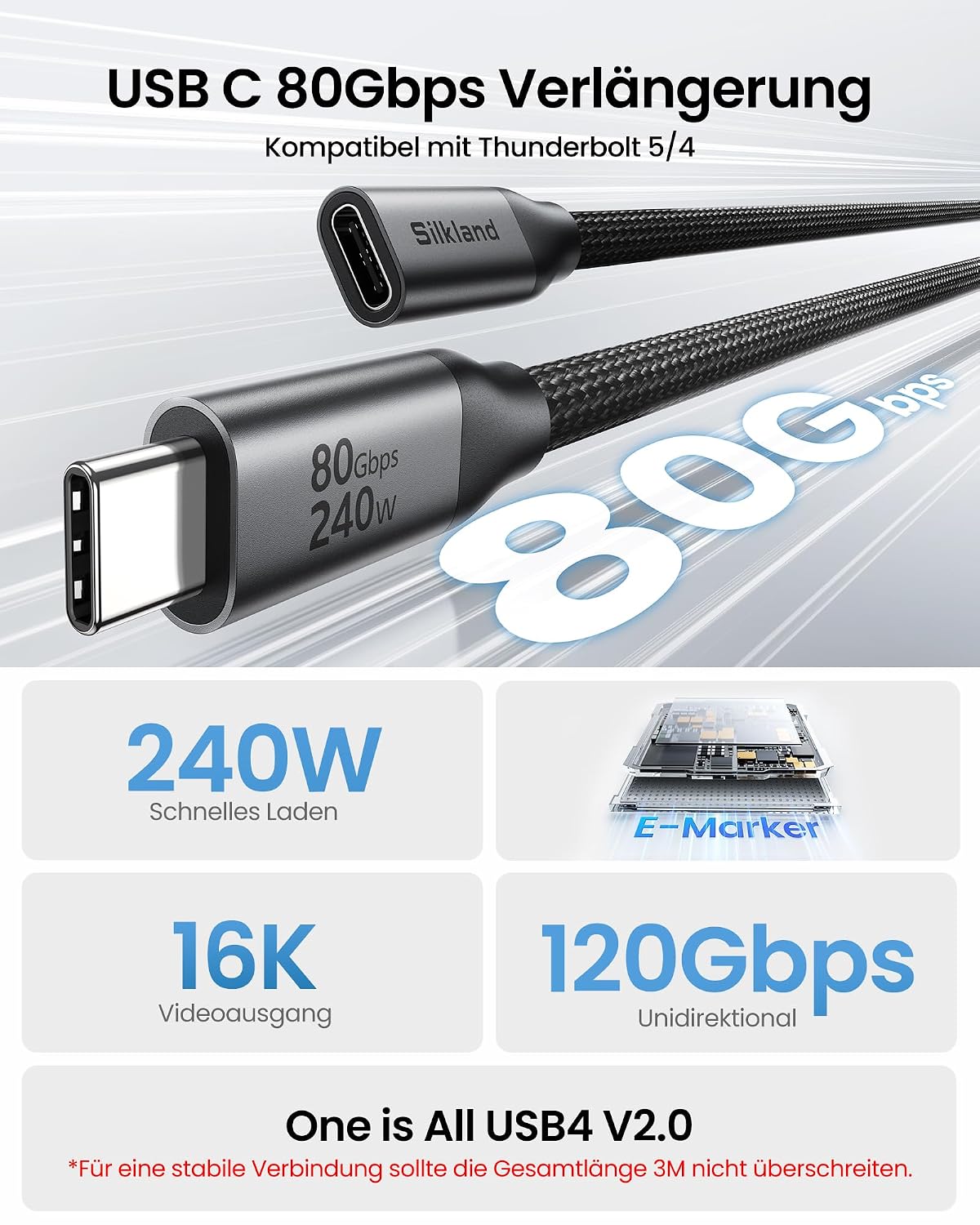 Detalle 2 de Silkland USB4 V2.0 Verlängerungskabel für Thunderbolt 5/4 – 0,5 m, 80 Gbps, 240 W PD
