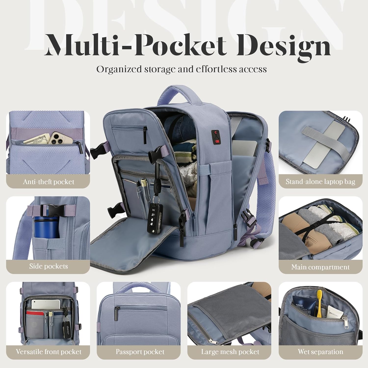 Detalle de ZHXX cabin backpack for Ryanair 40x30x20 underseat hand luggage – water-resistant, anti-theft pocket & laptop compartment